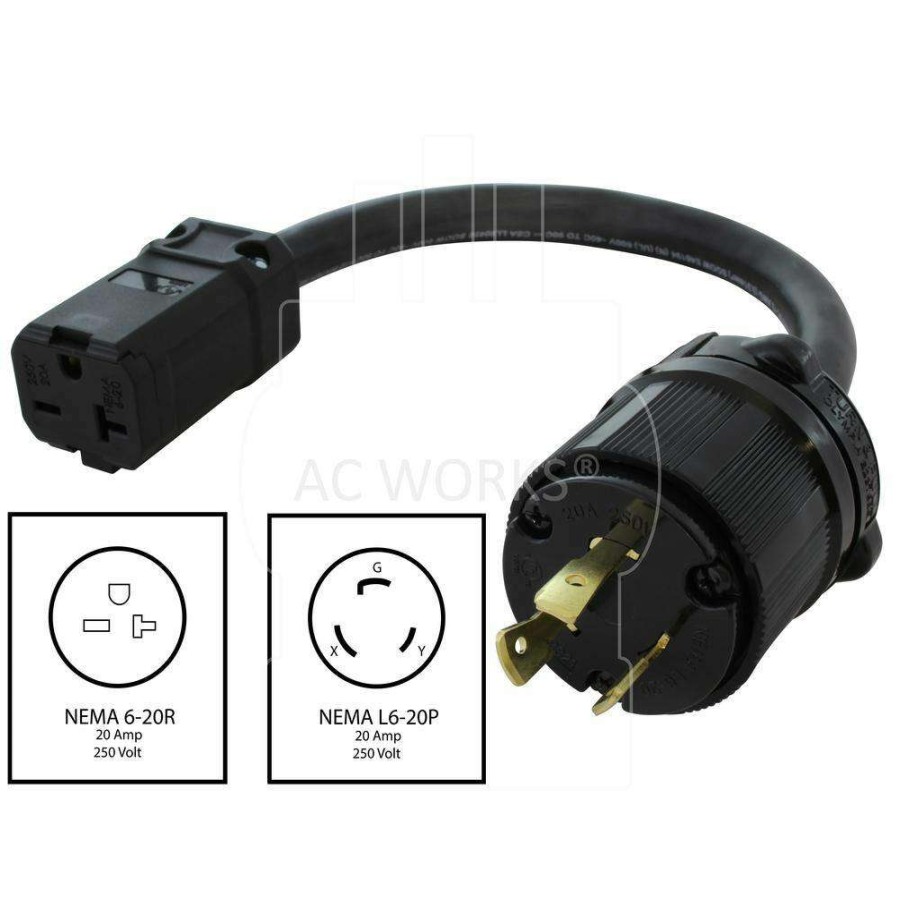 Extension Cord Accessories * | Ac Works 1 Ft. Soow 12/3 3-Prong L6-20 Male Plug To 6-15/20R 15 Amp /20 Amp 250-Volt Connector