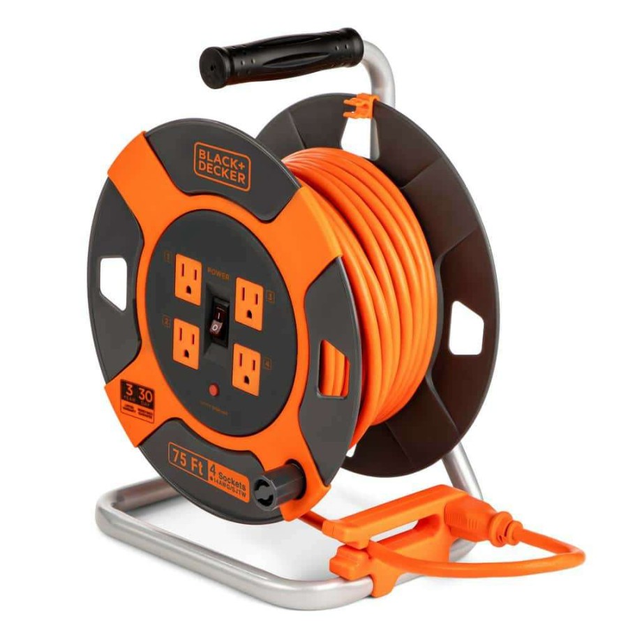 Extension Cord Reels * | Black+Decker 75 Ft. 4 Outlets Retractable Extension Cord With 14 Awg Sjtw Cable Outdoor Power Cord Reel