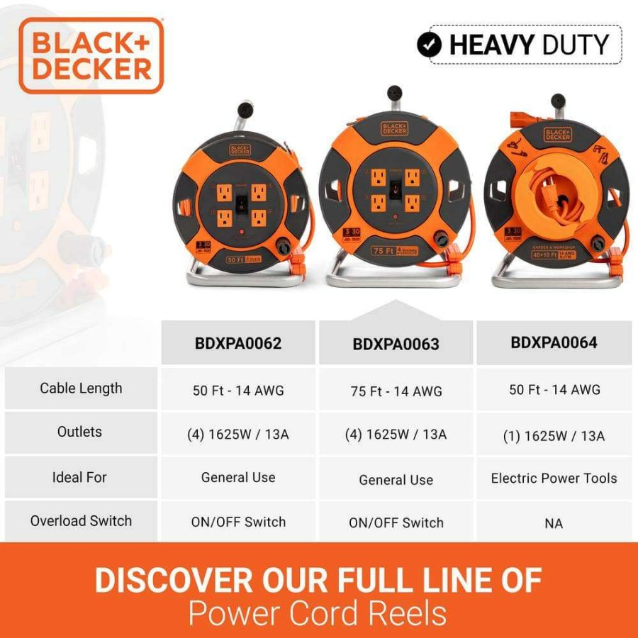 Extension Cord Reels * | Black+Decker 75 Ft. 4 Outlets Retractable Extension Cord With 14 Awg Sjtw Cable Outdoor Power Cord Reel