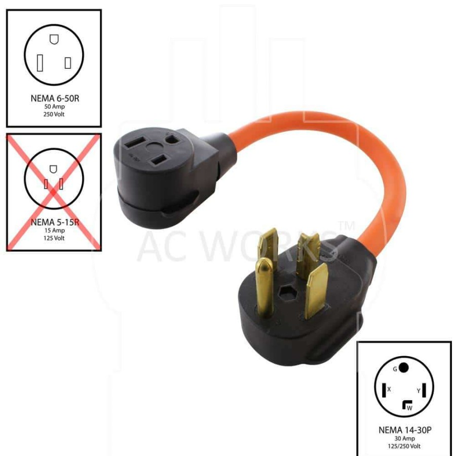 Extension Cord Accessories * | Ac Works 1.5 Ft. 30 Amp 4-Prong 14-30P Dryer Plug To 50 Amp 250-Volt Welder Adapter (Nema 14-30P To 6-50R)