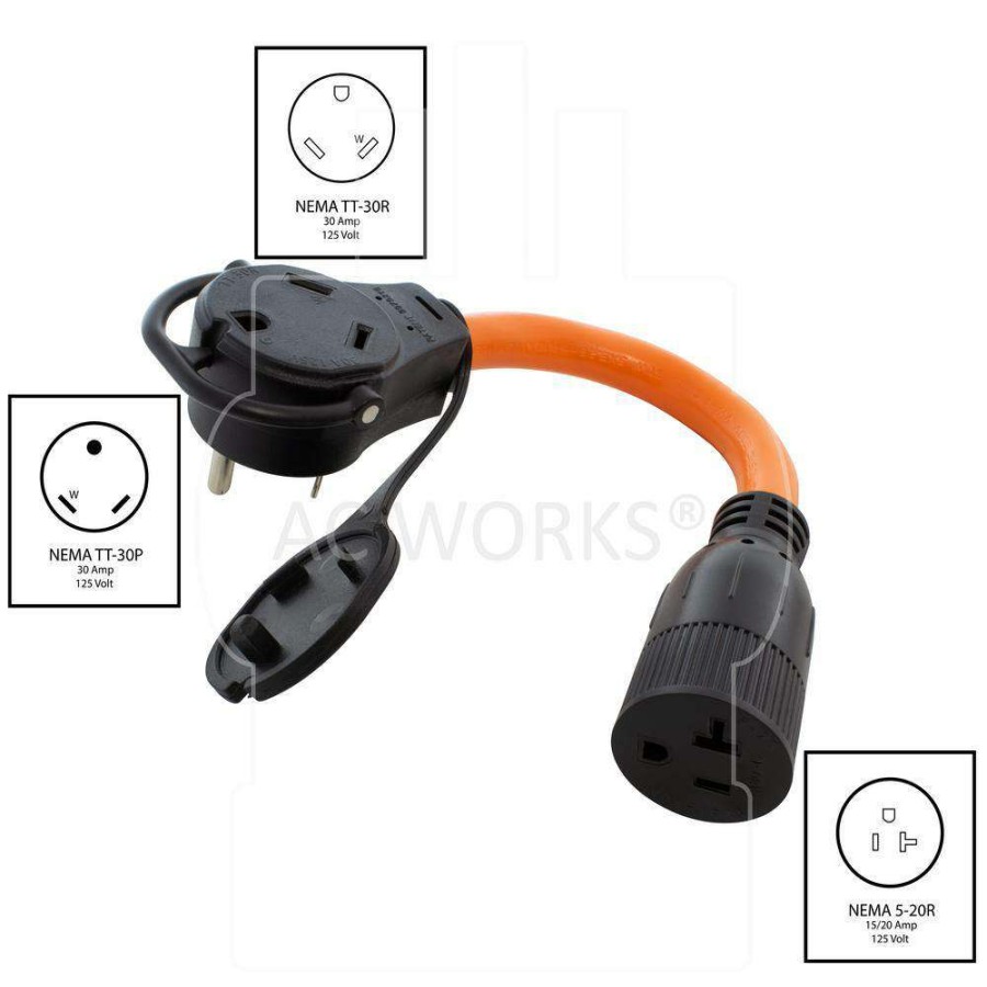 Extension Cord Accessories * | Ac Works 1 Ft. 30 Amp Rv Piggy-Back Plug With 15/20 Amp Household Connector