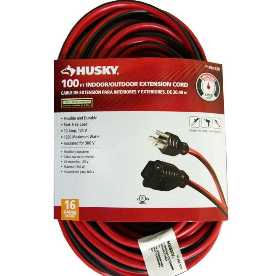 General Purpose Cords * | Husky 100 Ft. 16/3 Medium-Duty Indoor/Outdoor Extension Cord, Red And Black