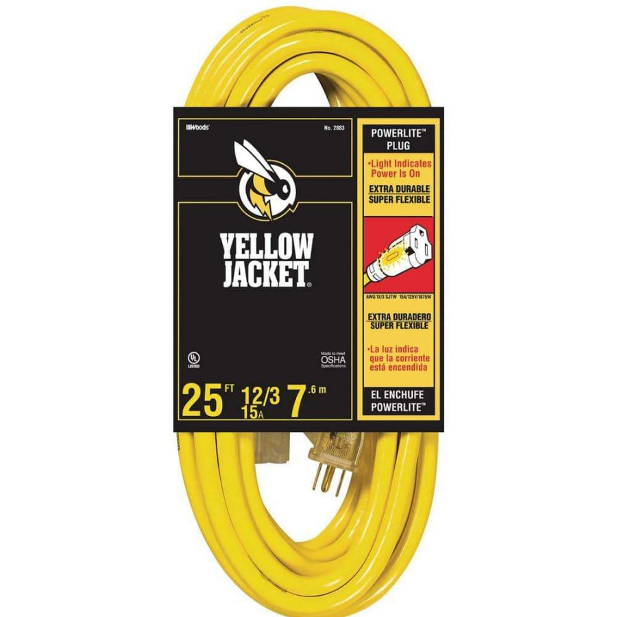 General Purpose Cords * | Yellow Jacket 25 Ft. 12/3 Sjtw Outdoor Heavy-Duty Extension Cord With Power Light Plug