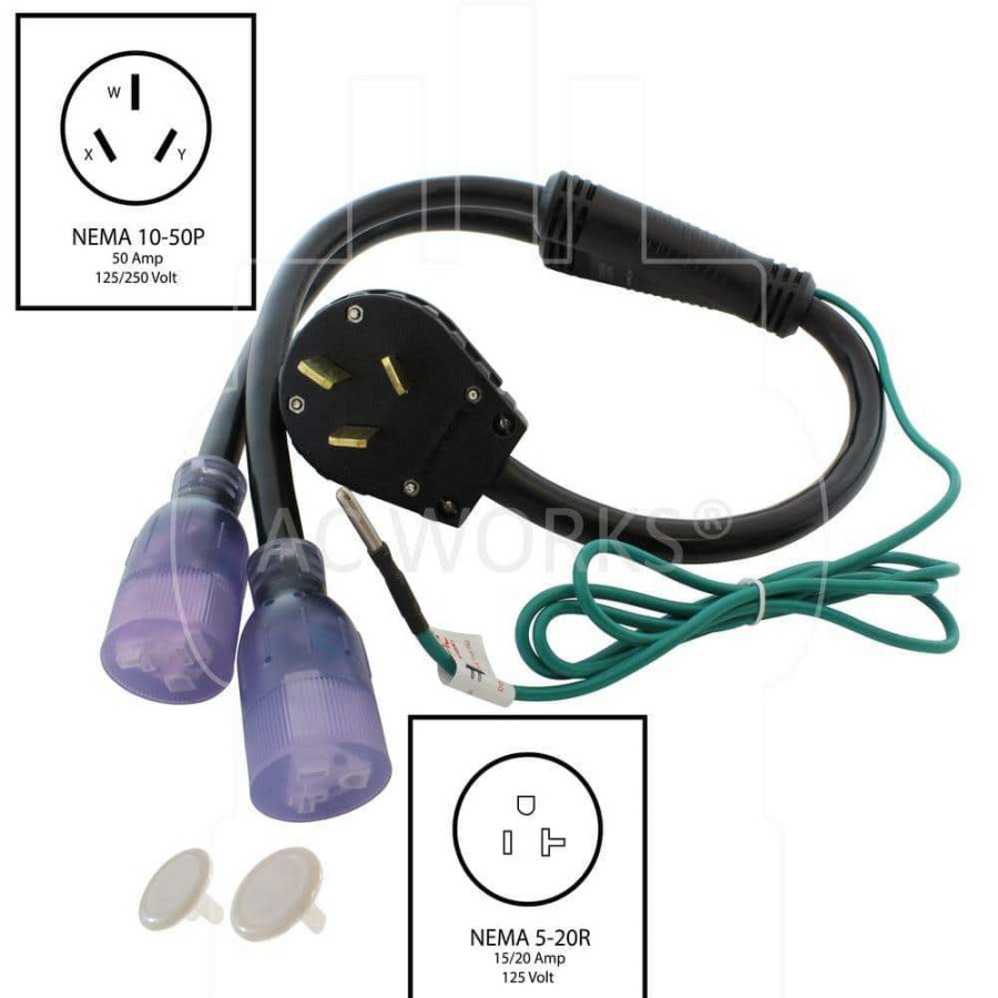 Extension Cord Accessories * | Ac Works 50 Amp 125-Volt/250-Volt Nema 10-50 3-Prong Old Style Range/Welder Plug To 2 Nema 5-20 Household Connections