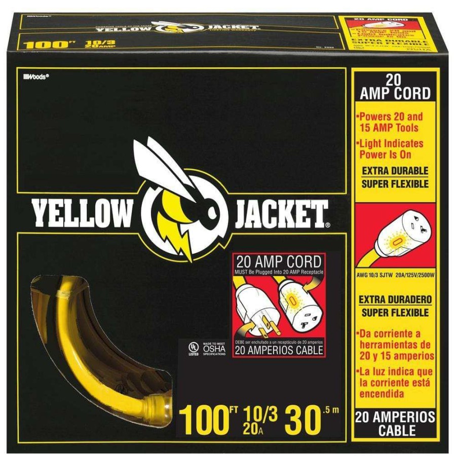 General Purpose Cords * | Yellow Jacket 100 Ft. 10/3 Sjtw Outdoor Heavy-Duty Extension Cord With T-Blade Power Light Plug