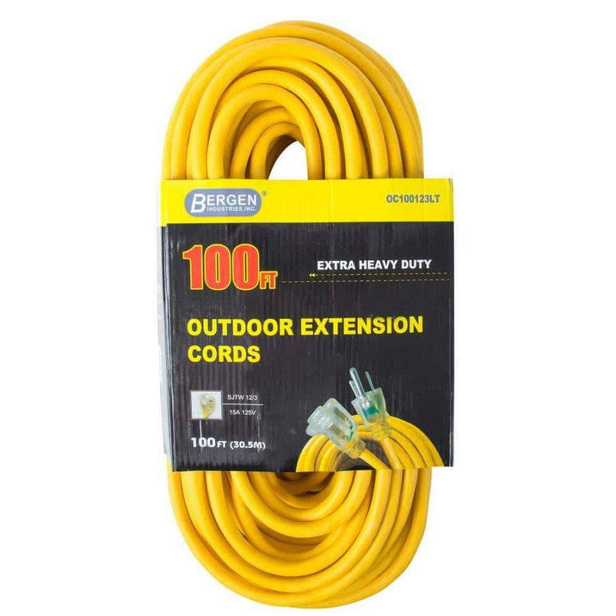 General Purpose Cords * | Bergen Industries 100 Ft. 12/3 Sjtw 15 Amp/125-Volt Outdoor Single Receptacle Extension Cord, Yellow