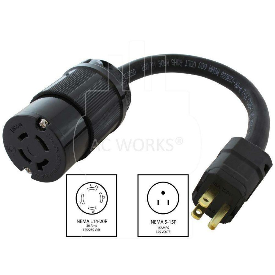 Extension Cord Accessories * | Ac Works 1 Ft. 15 Amp Household Plug Nema 5-15P To 4-Prong 20 Amp L14-20R ( 2 Hots Bridged) Adapter Cord