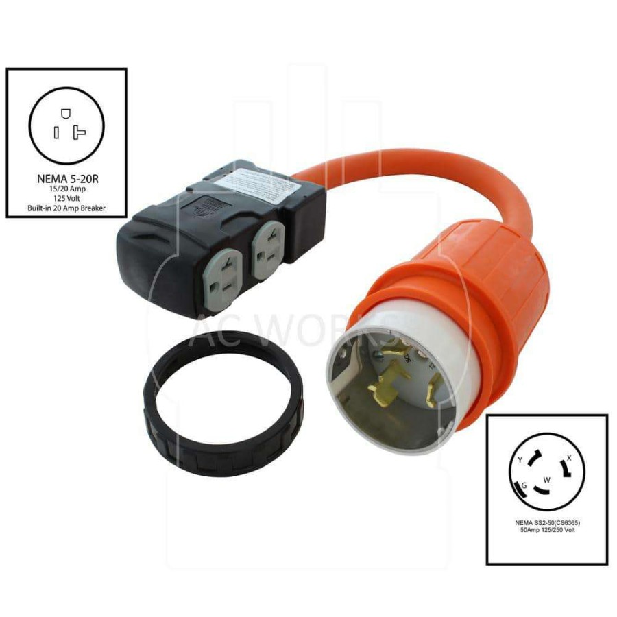 Extension Cord Accessories * | Ac Works 1.5 Ft. Ss2-50P Marine Plug To (4) Home Outlets With 20 Amp Breaker