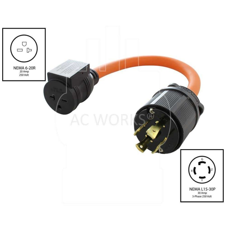 Extension Cord Accessories * | Ac Works 1.5 Ft. 30-Amp 250-Volt 3-Phase L15-30P Locking Plug To 6-15/20 Outlet With 20 Amp Breaker