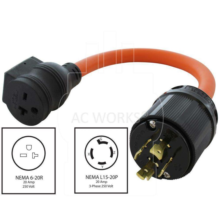 Extension Cord Accessories * | Ac Works 1.5 Ft. 20-Amp 3-Phase 250-Volt L15-20P Locking Plug To 6-15/20 Outlet With 20 Amp Breaker