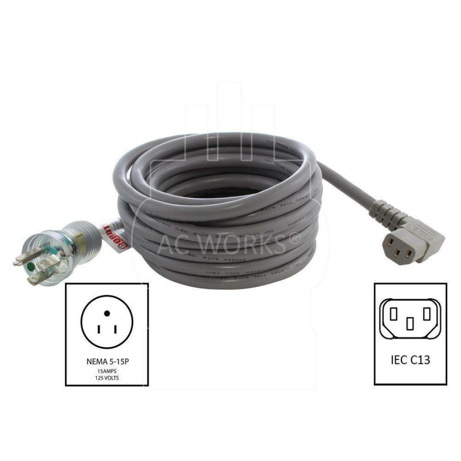 Extension Cord Accessories * | Ac Works 15 Ft. 16/3 13 Amp Medical Grade Power Cord With Left Angle Iec C13 Connector