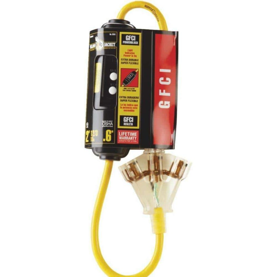 Gfci Plugs * | Yellow Jacket 2 Ft. 12/3 Sjtw In-Line Gfci Heavy-Duty Cord With Multi-Outlet (3) Power Light Block