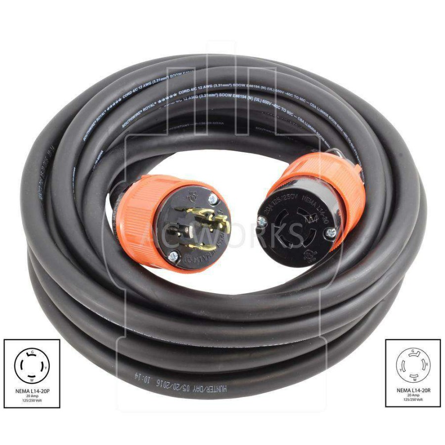 Generator Parts * | Ac Works 10 Ft. Soow 12/4 Nema L14-20 125-Volt/250-Volt 20 Amp Generator Rubber Extension Cord