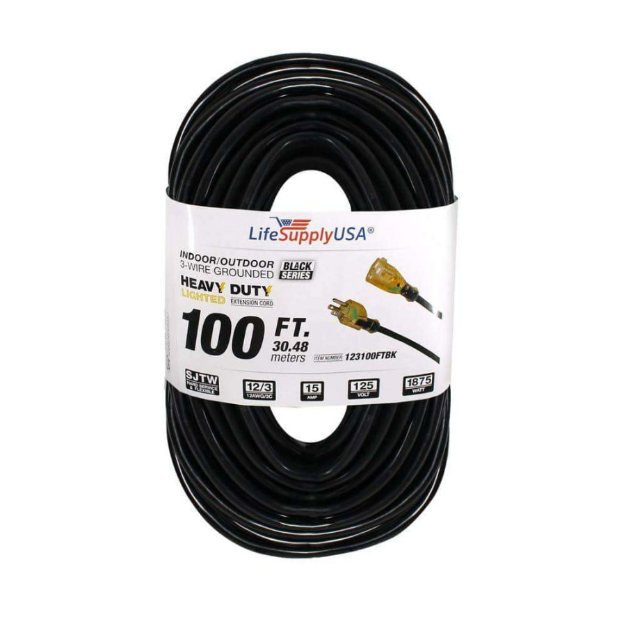 General Purpose Cords * | Lifesupplyusa 12/3 100 Ft. Sjtw 15 Amp, 125-Volt 1875-Watt Lighted End Indoor/Outdoor Black Heavy-Duty Extension Cord