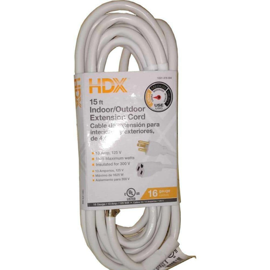 General Purpose Cords * | Hdx 15 Ft. 16/3 Indoor/Outdoor Extension Cord, White