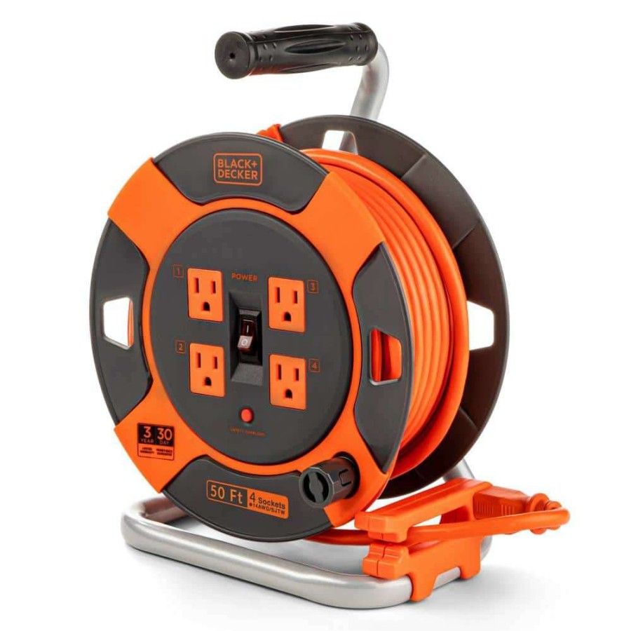 Extension Cord Reels * | Black+Decker 50 Ft. 4 Outlets Retractable Extension Cord With 14 Awg Sjtw Cable Outdoor Power Cord Reel