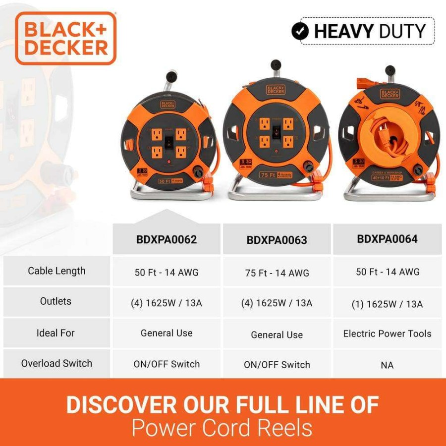 Extension Cord Reels * | Black+Decker 50 Ft. 4 Outlets Retractable Extension Cord With 14 Awg Sjtw Cable Outdoor Power Cord Reel