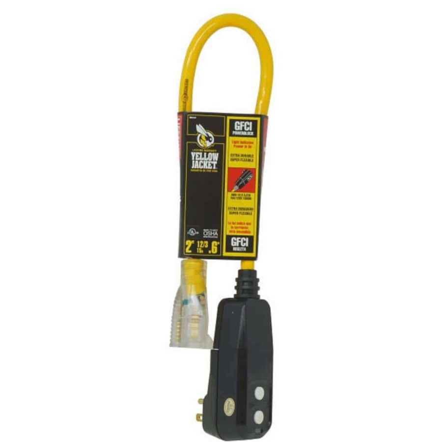 Gfci Plugs * | Yellow Jacket 2 Ft. 12/3 Sjtw Right Angle Gfci Heavy-Duty Extension Cord With Power Light Plug