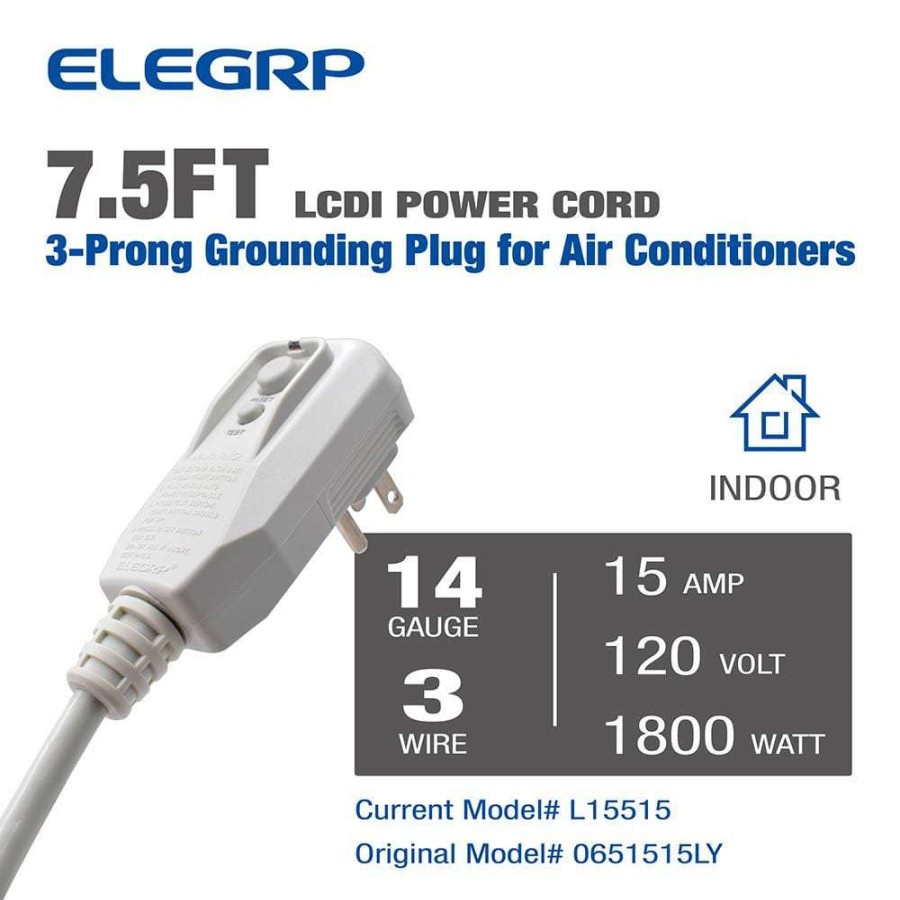 Gfci Plugs * | Elegrp 7.5Ft. 120V 15Amp 1800W Lcdi Power Cord Plug For Air Conditioner,Leakage Current Detection Interrupter Replacement, Gray