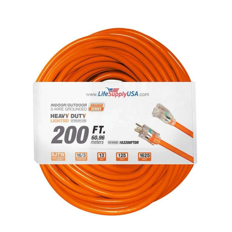 General Purpose Cords * | Lifesupplyusa 200 Ft. Orange 16/3 Sjtw Indoor/Outdoor Heavy-Duty Extra Durability 10 Amp 125V 1250-Watt W/Lighted End Extension Cord