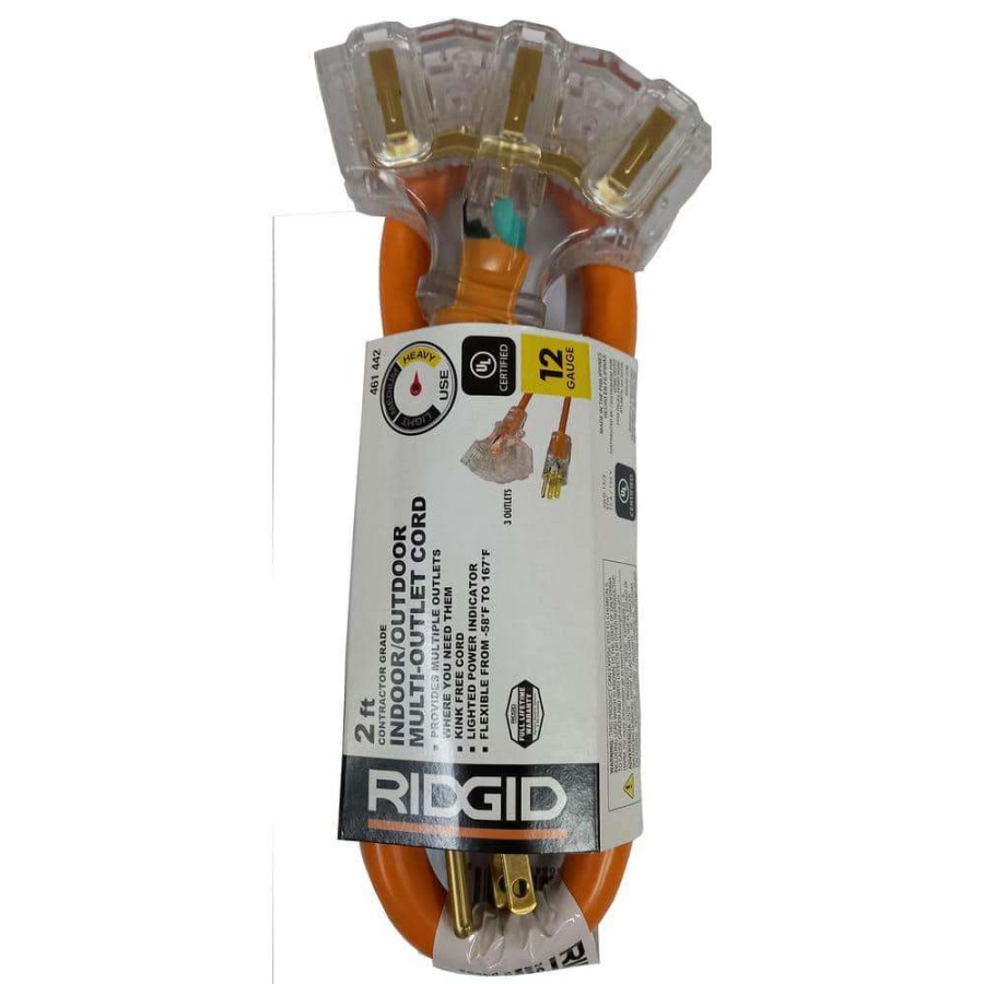 General Purpose Cords * | Ridgid 2 Ft. 12/3 Multi-Outlet Extension Cord, Orange/Gray