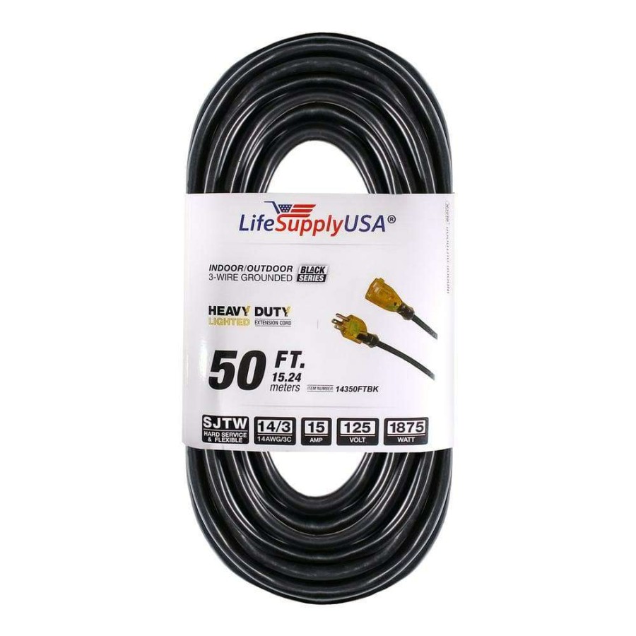 General Purpose Cords * | Lifesupplyusa 50 Ft. 14/3 Sjtw 13 Amp 125-Volt 1625-Watt Lighted End Indoor/Outdoor Black Heavy-Duty Extension Cord