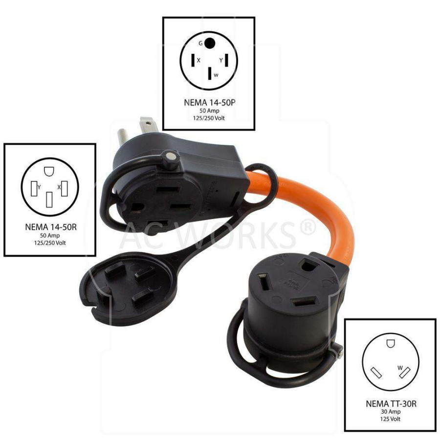 Extension Cord Accessories * | Ac Works 1 Ft. 50 Amp 14-50 Piggy-Back Plug With Tt-30R Connector Adapter Cord