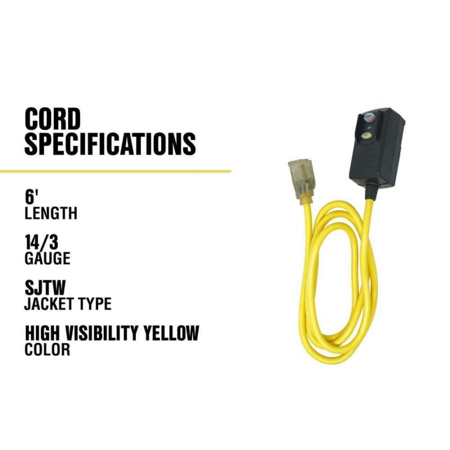 Gfci Plugs * | Yellow Jacket 6 Ft. 14/3 Sjtw Right Angle Gfci Medium-Duty Extension Cord With Power Light Plug