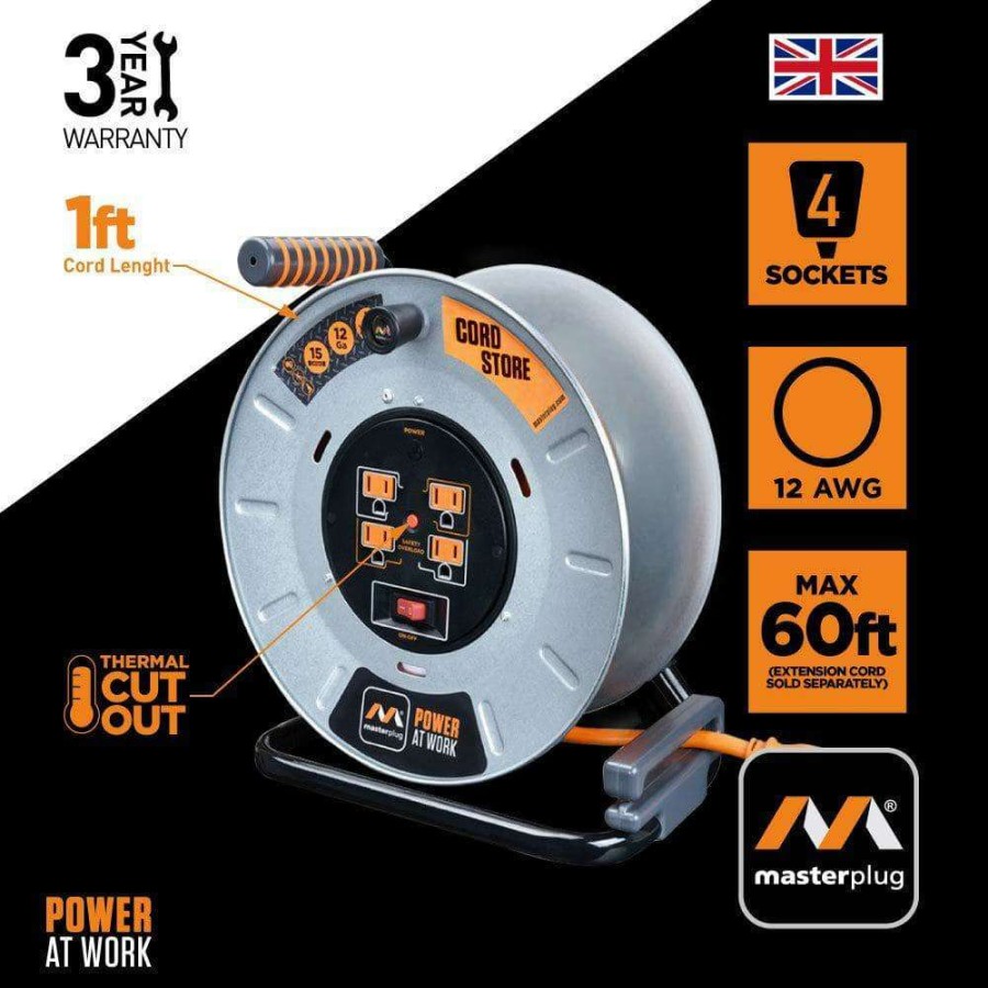 Extension Cord Reels * | Masterplug 1 Ft. 15 Amp 12Awg Large Open Metal Reel With 4-Sockets