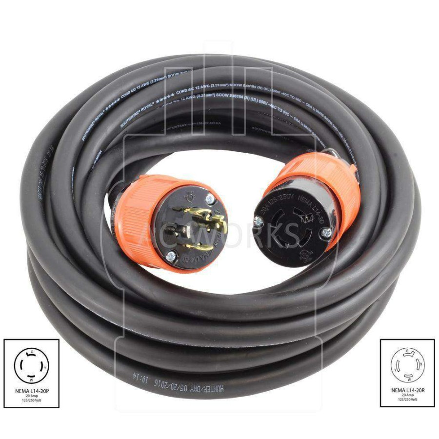 Generator Parts * | Ac Works 75 Ft. Soow 12/4 Nema L14-20 125-Volt/250-Volt 20 Amp Generator Rubber Extension Cord