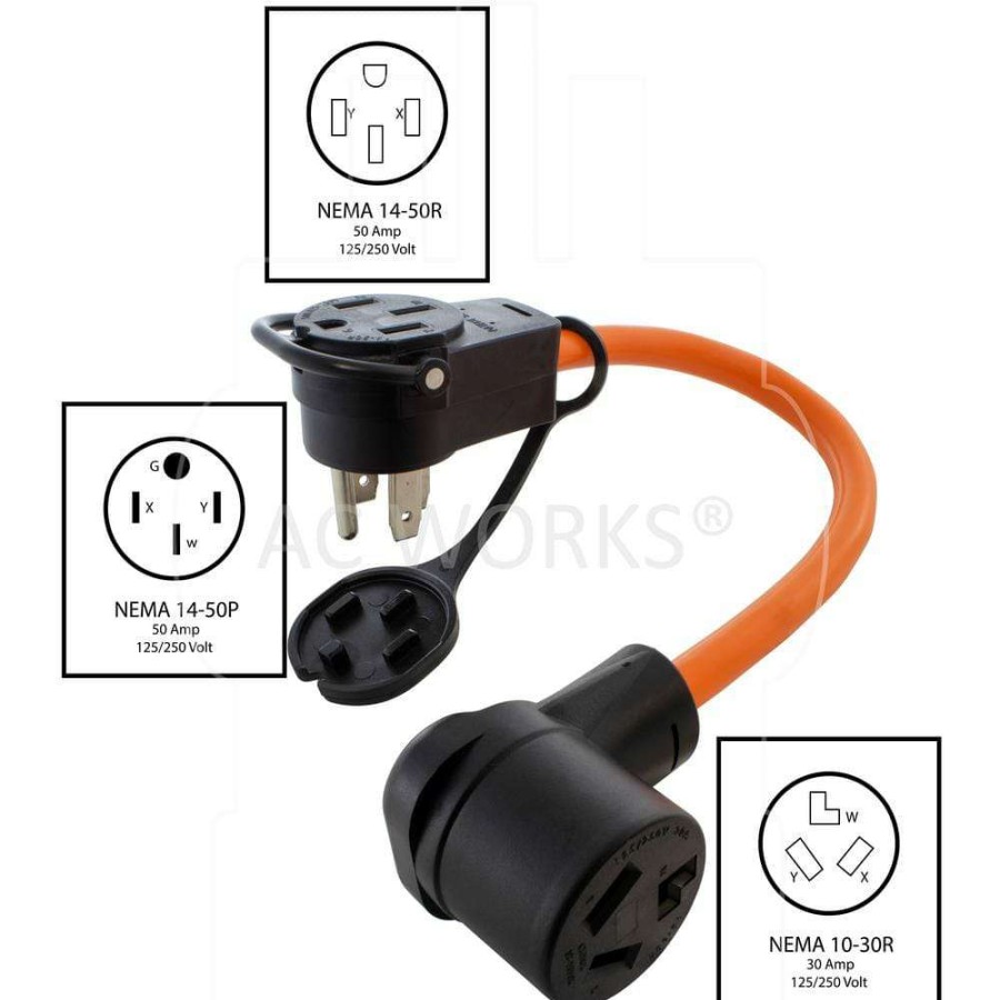 Extension Cord Accessories * | Ac Works 1.5 Ft. 50 Amp 14-50 Piggy-Back Plug With 10-30R Connector Adapter Cord