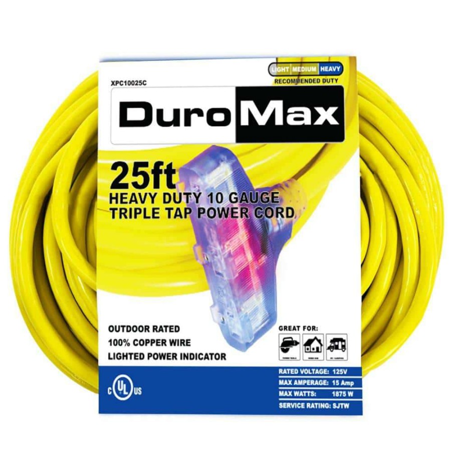 General Purpose Cords * | Duromax 25 Ft. 10/3-Gauge Triple Tap Heavy-Duty Extension Power Cord