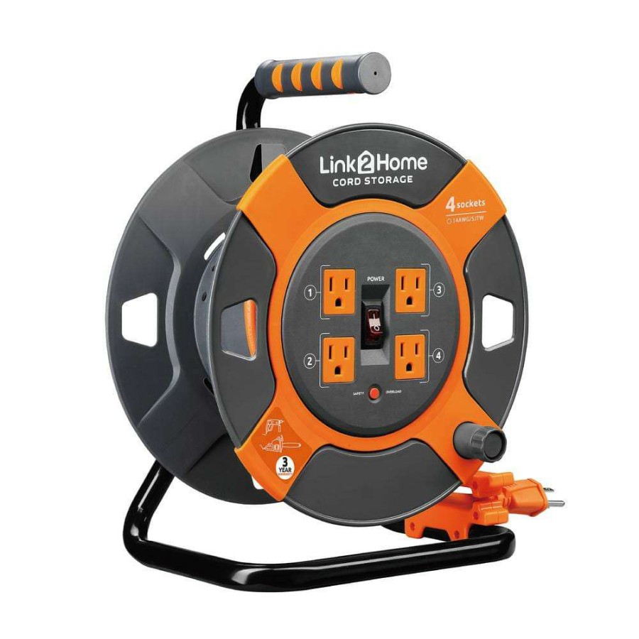 Extension Cord Reels * | Link2Home 3 Ft. 14/3 Extension Cord Storage Reel With 4 Power Outlets And Sjtw Cable