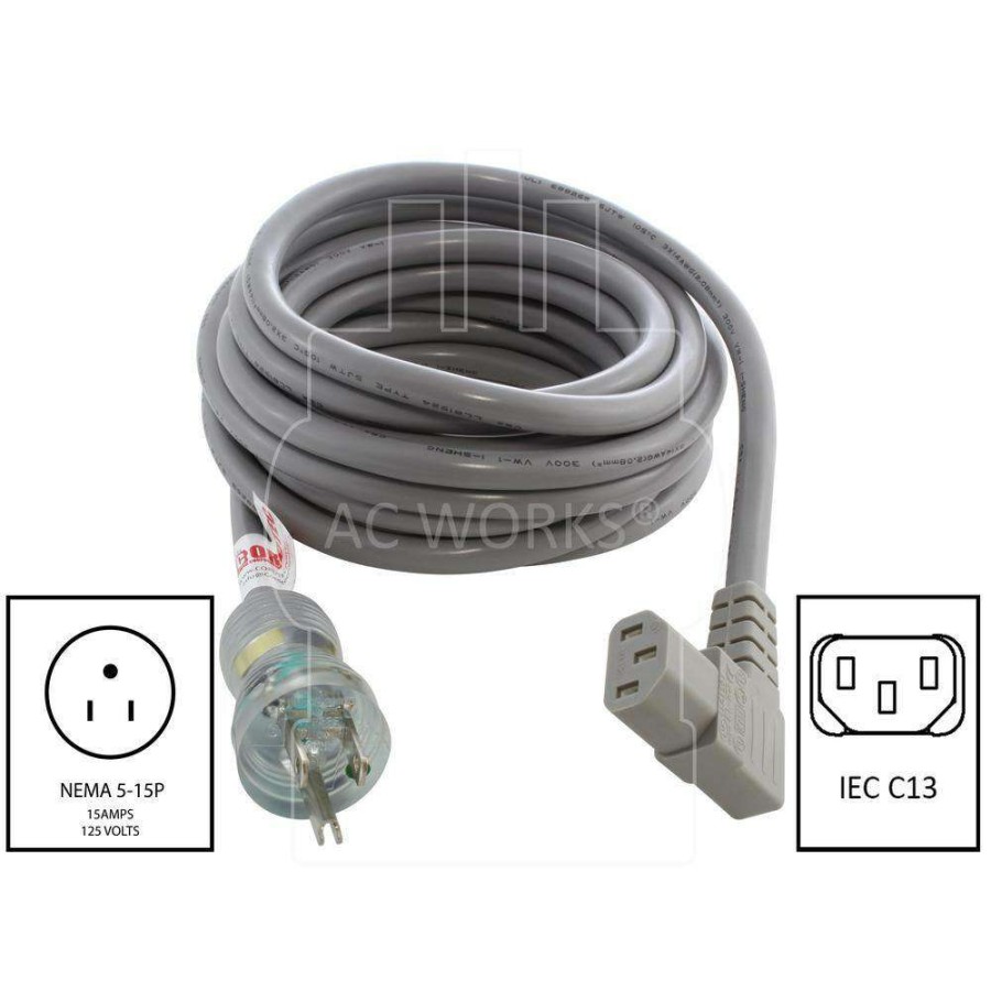 Extension Cord Accessories * | Ac Works 15 Ft. 14/3 15 Amp Medical Grade Power Cord With Right Angle Iec C13 Connector