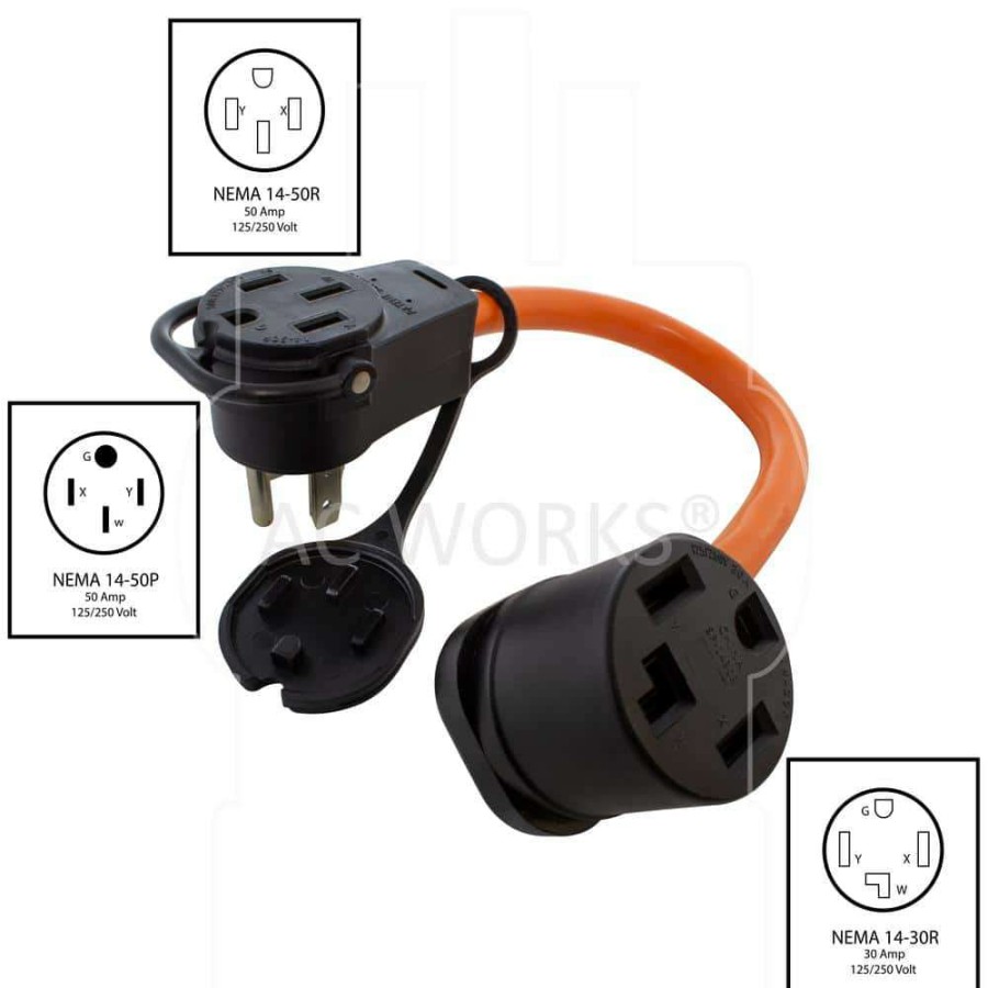 Extension Cord Accessories * | Ac Works 1.5 Ft. 50 Amp 14-50 Piggy-Back Plug With 14-30R Connector Adapter Cord