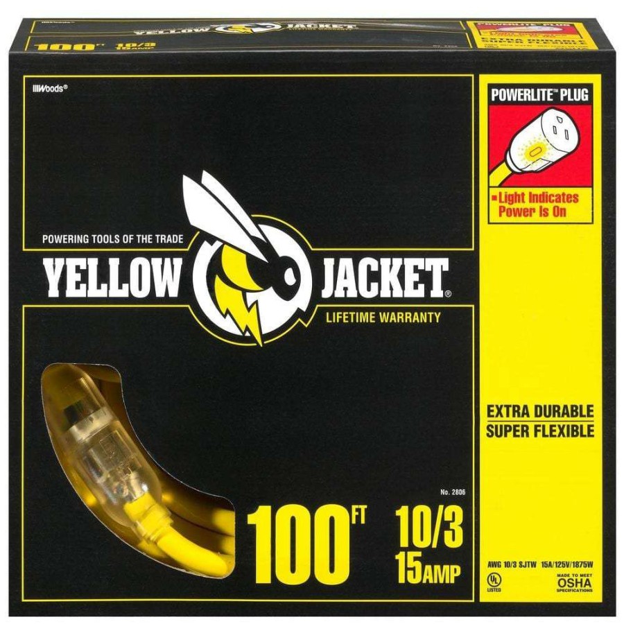 General Purpose Cords * | Yellow Jacket 100 Ft. 10/3 Sjtw Outdoor Heavy-Duty Extension Cord With Power Light Plug