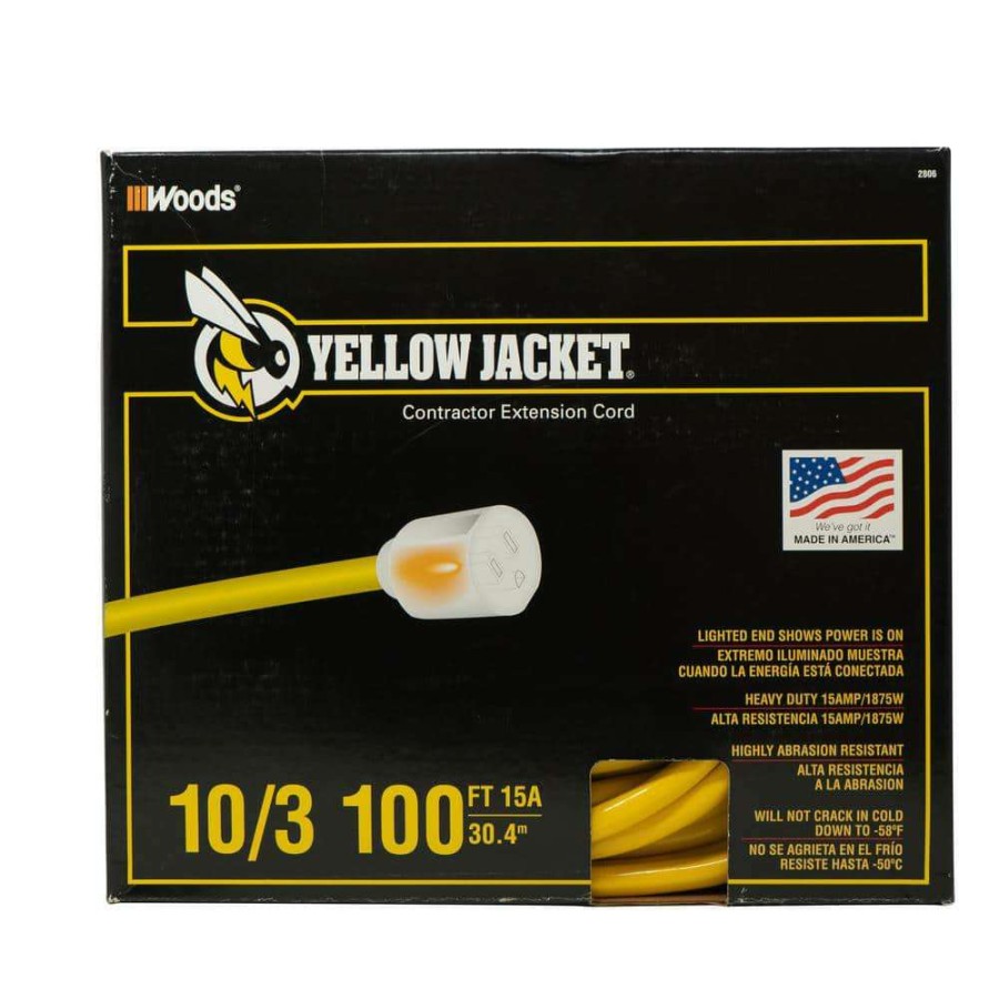 General Purpose Cords * | Yellow Jacket 100 Ft. 10/3 Sjtw Outdoor Heavy-Duty Extension Cord With Power Light Plug