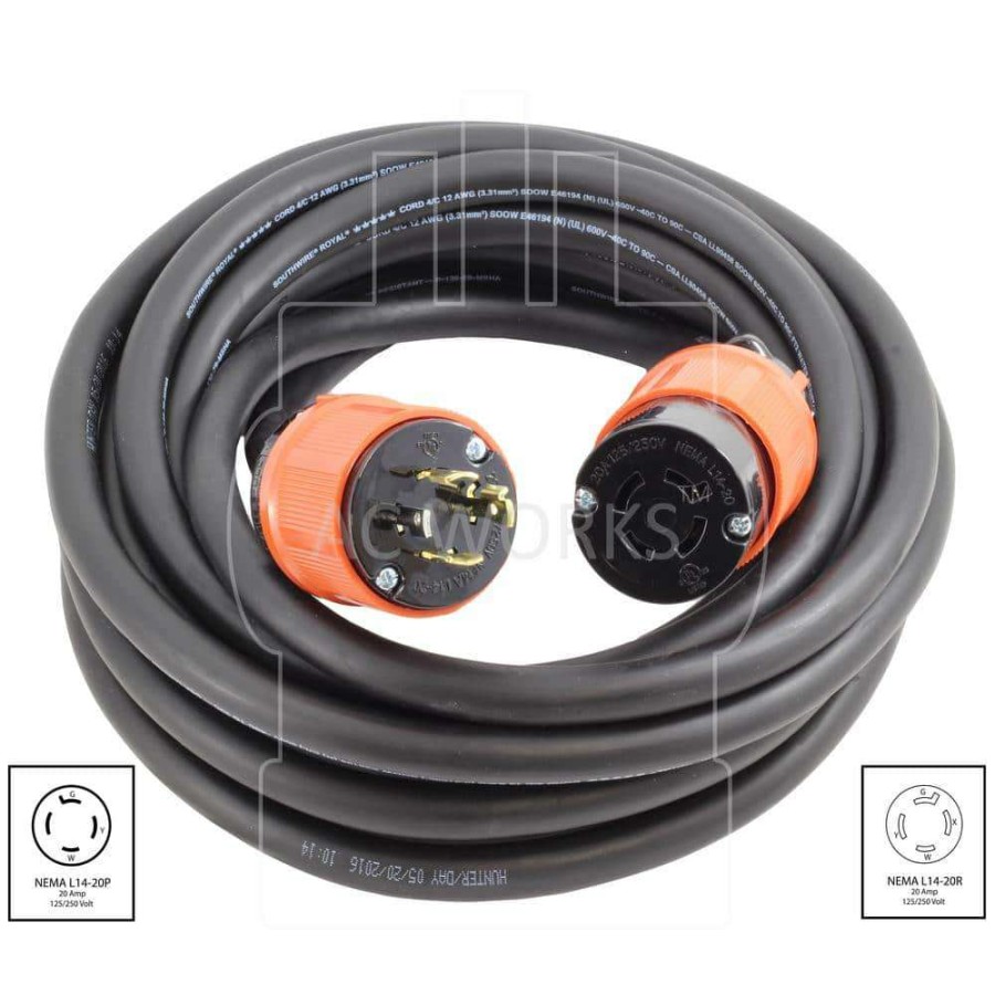 Generator Parts * | Ac Works 50 Ft. Soow 12/4 Nema L14-20 125-Volt/250-Volt 20 Amp Generator Rubber Extension Cord