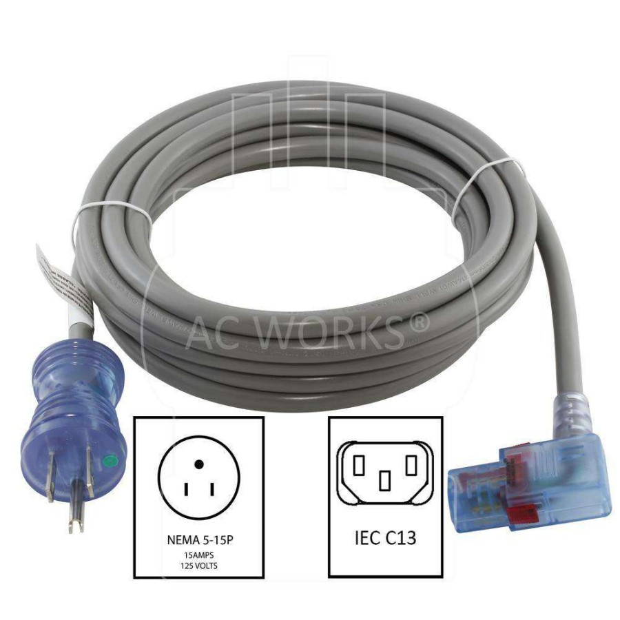 Extension Cord Accessories * | Ac Works 15Ft 14/3 15A Medical Grade Power Cord With Locking Right Angle Iec C13 Connector