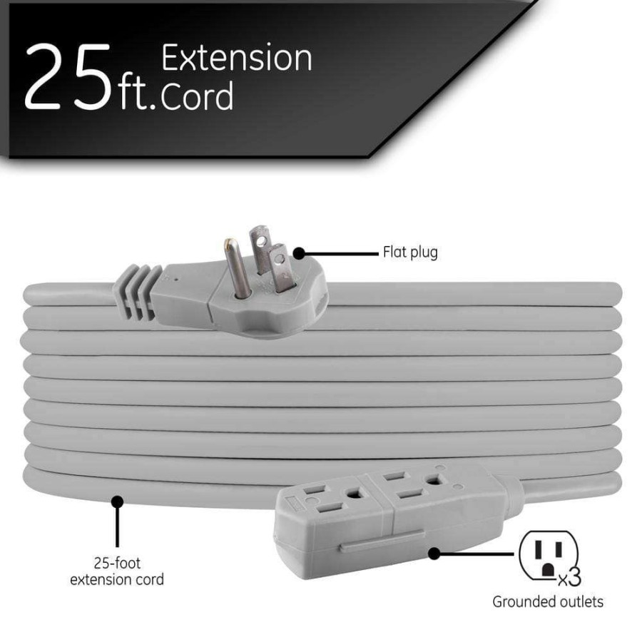 General Purpose Cords * | Ge 25 Ft. 16/3 3-Outlet Office Extension Cord With Low-Profile Flat Plug, Gray