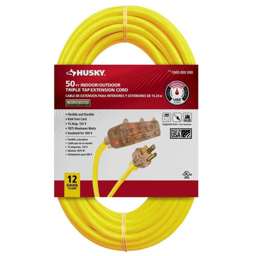 General Purpose Cords * | Husky 50 Ft. 12/3 Lighted Triple Tap Extension Cord