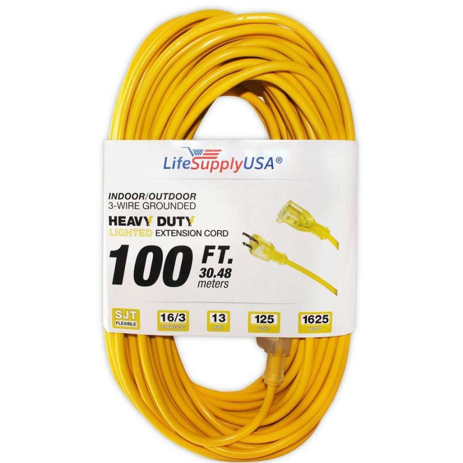 General Purpose Cords * | Lifesupplyusa 100 Ft. 16/3 Sjt 13 Amp 125-Volt 1625-Watt Lighted End Indoor/Outdoor Heavy-Duty Extension Cord