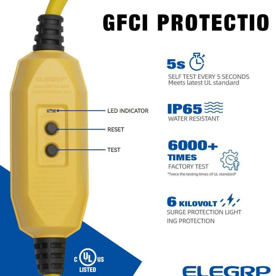 Gfci Plugs * | Elegrp 2 Ft. 15 Amp In-Line Self-Test Manual Reset Portable Gfci Plug With 3-Outlet Cord, Yellow