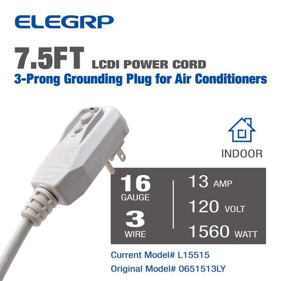 Gfci Plugs * | Elegrp 7.5 Ft. 120V 13Amp 1560W Lcdi Power Cord Plug For Air Conditioner,Leakage Current Detection Interrupter Replacement,Gray