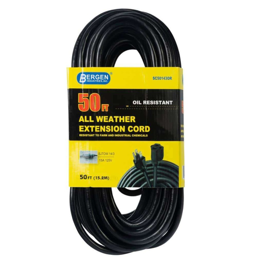 General Purpose Cords * | Bergen Industries 50 Ft. 14/3 Sjtow 15 Amp/125-Volt All-Weather Farm And Shop Extension Cord In Black