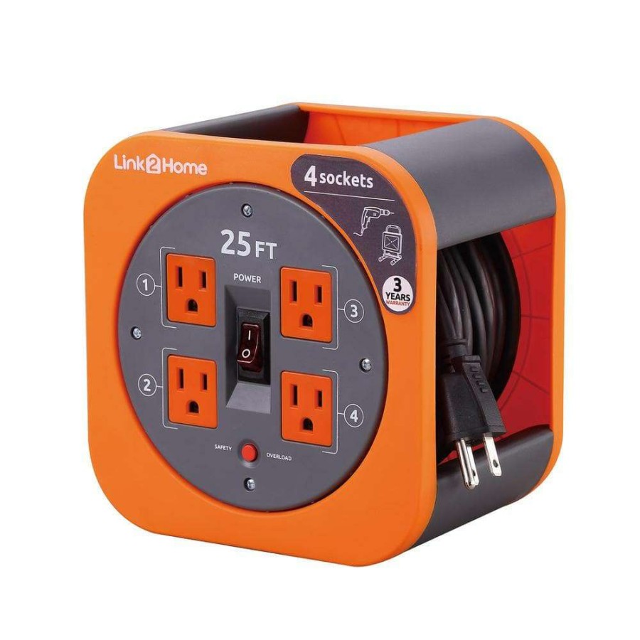 Extension Cord Reels * | Link2Home 25 Ft. 16/3 Extension Cord Storage Reel With 4 Grounded Outlets And Overload Reset Button