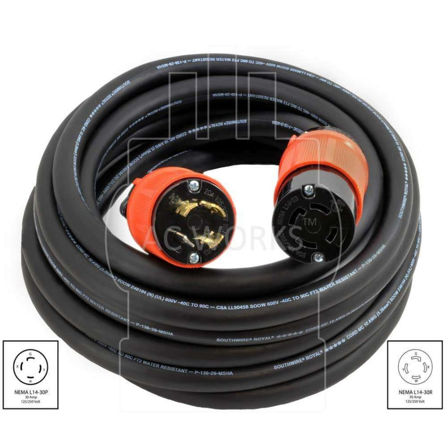 Generator Parts * | Ac Works 50 Ft. 10/4 Soow Nema L14-30 125-Volt/250-Volt 30 Amp Generator Rubber Extension Cord