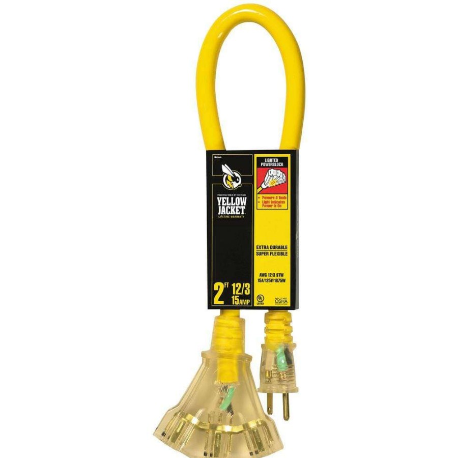 General Purpose Cords * | Yellow Jacket 2 Ft. 12/3 Sjtw Multi-Outlet (3) Outdoor Heavy-Duty Contractor Adapter Extension Cord With Power Light Block