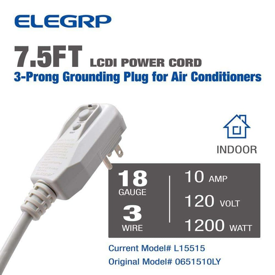 Gfci Plugs * | Elegrp 7.5Ft. 120V 10Amp 1200W Lcdi Power Cord Plug For Air Conditioner,Leakage Current Detection Interrupter Replacement, Gray