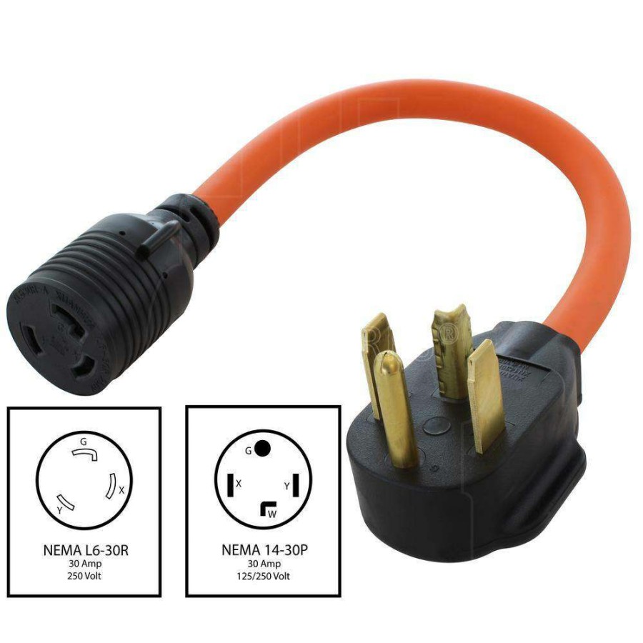 Extension Cord Accessories * | Ac Works 1.5 Ft. 14P To 30P 4-Prong Dryer Plug To L6-30R 3-Prong 30 Amp 250 Locking Female Adapter